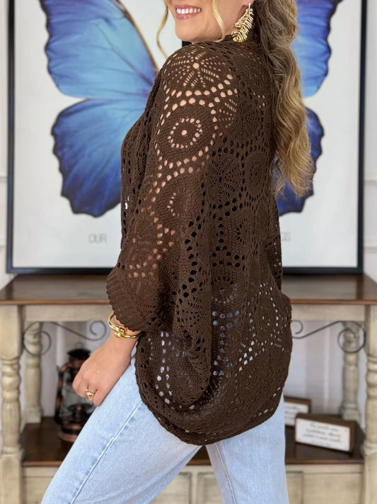 Cardigan in maglia cava con maniche a pipistrello marrone