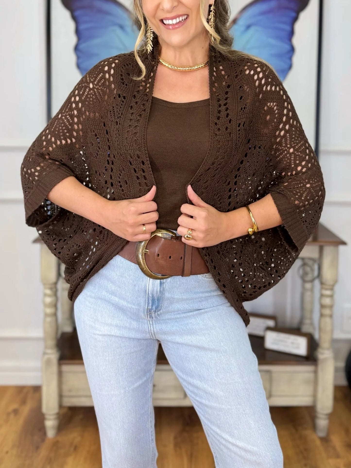 Cardigan in maglia cava con maniche a pipistrello marrone